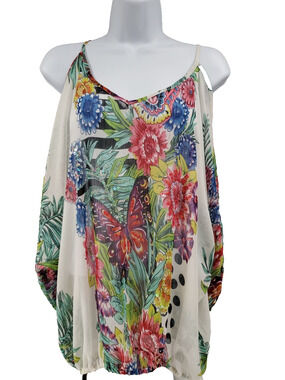 MADISON PAIGE Womens Flores Cold Shoulder Blouse Floral Sequins Size M